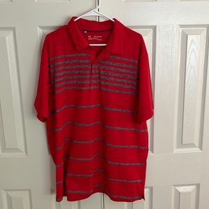 Under Armour polo shirt red with gray stripes.